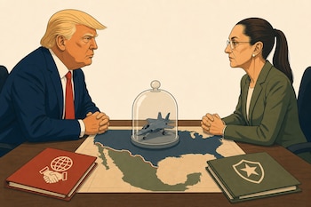 Ilustración de Donald Trump y Claudia Sheinbaum sentados a una mesa con un mapa de la frontera entre Estados Unidos y México y una campana de cristal.