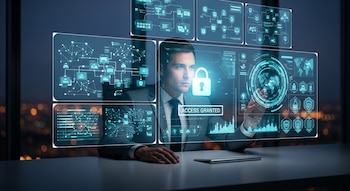 Un hombre en traje gris interactúa con pantallas holográficas azules que muestran datos de seguridad y un candado digital con "ACCESS GRANTED".