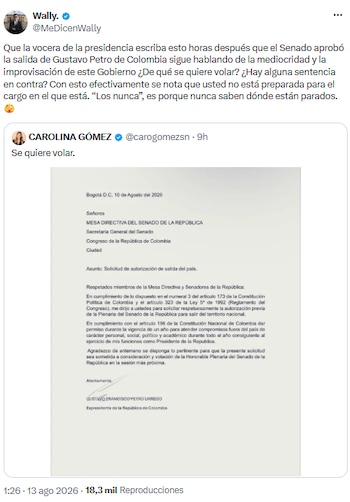 Wally denuncia mediocridad gubernamental tras permiso del Senado a Gustavo Petro - crédito @MeDicenWally/X
