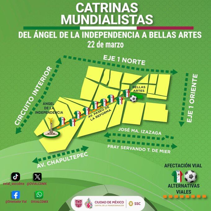 La Mega Procesión de las Catrinas celebra la fusión del Día de Muertos con la Copa del Mundo FIFA 2026 en la capital mexicana.|Crédito: X(@OVIALCDMX)