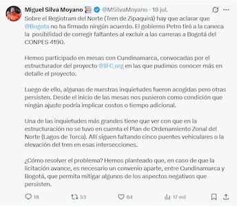 La Alcaldía aclaró que solo ha revisado efectos urbanos con Cundinamarca y el Ministerio, mientras siguen sin acuerdo asuntos clave de diseño, financiación e integración con el norte de la ciudad - crédito Miguel Silva/X