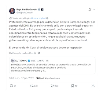 Representante Jim McGovern apoyó a Beto Coral