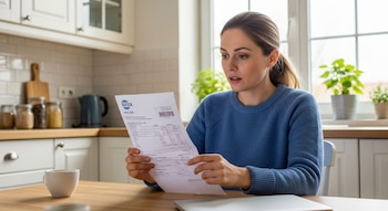 Mujer sentada en la cocina mirando una factura de agua con expresión de sorpresa.