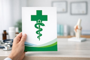 Mano de persona adulta sostiene folleto blanco con cruz verde y serpiente enrollada; fondo desenfocado de consultorio con estetoscopio y frascos.