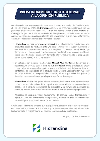 Hidrandina niega maltrato laboral a