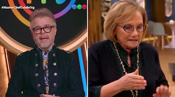 Pantalla dividida con Donato de Santis a la izquierda y Dolli Irigoyen a la derecha en un estudio de televisión.