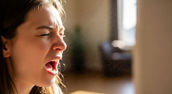 Primer plano de una mujer estornudando con los ojos cerrados y la boca abierta, expulsando partículas visibles bajo la luz del sol.