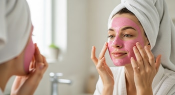 Mujer joven con toalla blanca en la cabeza aplica una mascarilla de arcilla rosa en su rostro frente a un espejo en un baño. Se ven sus manos y el reflejo.