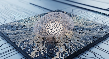 Ilustración de un cerebro translúcido y brillante sobre una placa de circuito oscura con intrincados patrones dorados y puntos de luz azul en un fondo minimalista azul y plateado.
