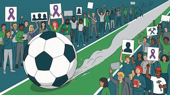 Ilustración de un balón de fútbol gigante rodando por una calle, con personas a ambos lados sosteniendo pancartas con lazos morados, siluetas, libros y herramientas.
