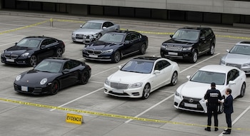 Estacionamiento con varios automóviles de lujo, cinta amarilla de seguridad, cartel de "EVIDENCIA", un oficial de policía y un hombre de traje.