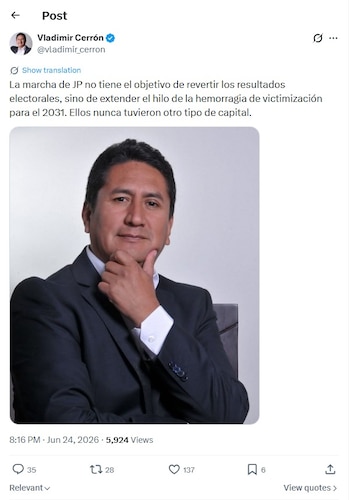 Captura de pantalla de una publicación de la red social X con la fotografía de Vladimir Cerrón, texto y botones de interacción