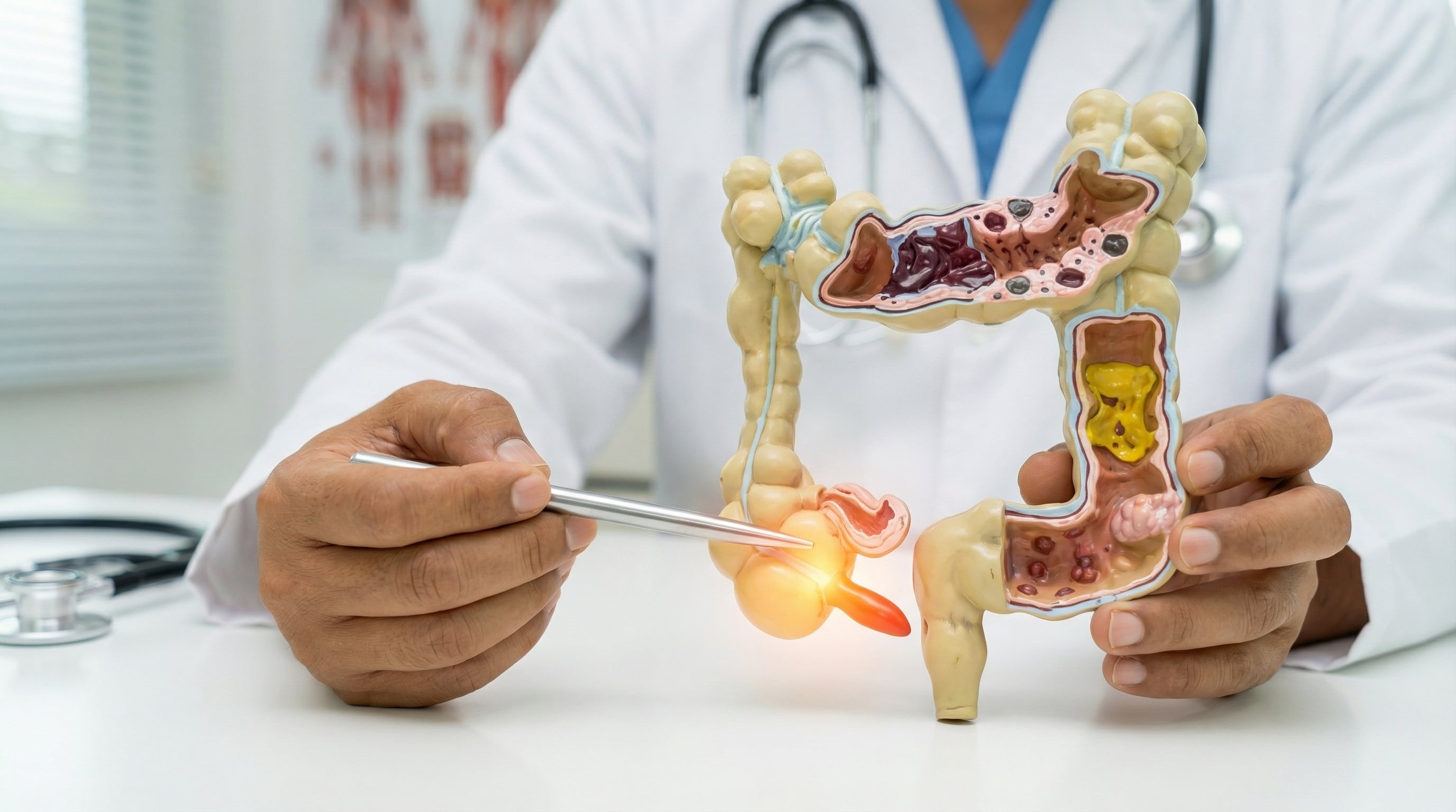 Un médico utiliza un modelo anatómico detallado para señalar y explicar el apéndice humano, destacando su ubicación y posibles condiciones como la apendicitis, en un entorno clínico. (Imagen Ilustrativa Infobae)