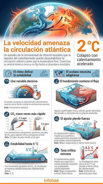 Infografía sobre la circulación atlántica con un globo terráqueo, mapas de corrientes marinas, gráficos de emisiones y esquemas del océano.