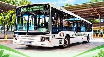 Autobús urbano de color blanco de la línea 148 estacionado frente a un andén cubierto con árboles visibles en los laterales.