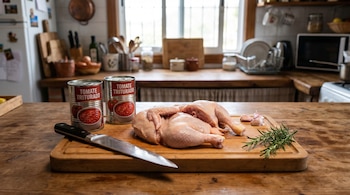 Un pollo trozado de 1,5 kg y dos latas de tomate triturado sobre una tabla de cortar de madera, junto a un cuchillo, dientes de ajo y romero, en una cocina.