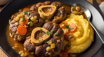 Primer plano de un plato oscuro con varios trozos de osobuco estofado con hueso, polenta amarilla, zanahorias, apio y perejil picado.