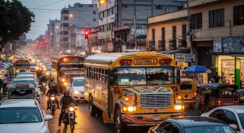 Calle con tráfico intenso, varios autobuses amarillos decorados, automóviles, motocicletas, tuk-tuks, personas, edificios a los lados y semáforos en rojo.