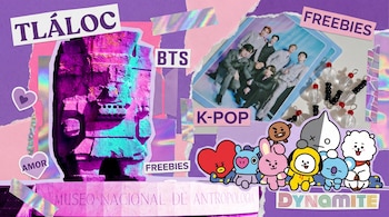 Collage visual con el Monolito de Tláloc en tonos morados y azules, una foto de BTS, personajes BT21 y freebies; todo sobre fondos de papel rosa y morado rasgado.