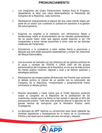 Pronunciamiento de APP en respaldo