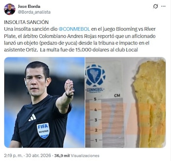 Las redes sociales se tomaron con gracia la sanción por la yuca arrojada a Rojas - crédito @Borda_analista/X