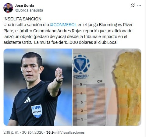 Las redes sociales se tomaron con gracia la sanción por la yuca arrojada a Rojas - crédito @Borda_analista/X