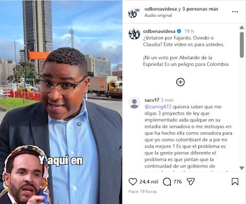 El representante electo a la Cámara por una de las circunscripciones afro esgrimió los argumentos por los que, según él, Abelardo de la Espriella no debería resultar vencedor en la segunda vuelta de las elecciones presidenciales, que se llevarán a cabo el domingo 21 de junio de 2026 - crédito @odbenavidesa/IG