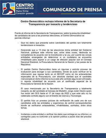 Centro Democrático rechazó informe de