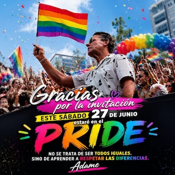 Hombre con gafas de sol levanta una bandera arcoíris. Una multitud de personas, globos de colores, confeti y otras banderas arcoíris
