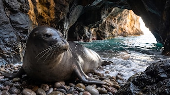 Una foca sobre guijarros en una cueva rocosa con olas al fondo.