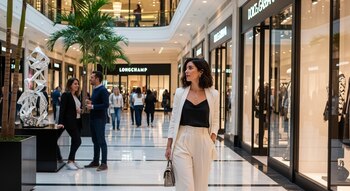 Mujer con traje claro y cartera camina por pasillo de centro comercial; personas, tiendas, logotipos Dolce & Gabbana y Longchamp, palmeras, escultura.
