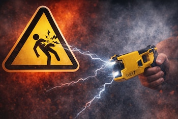 Mano sostiene una pistola Taser amarilla disparando electricidad, junto a un letrero de advertencia triangular con el símbolo de una persona siendo electrocutada.