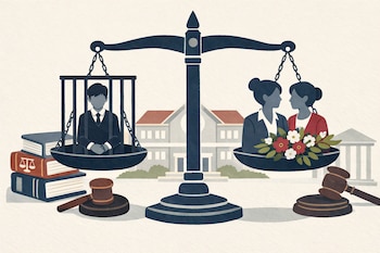 Balanza de la justicia; un platillo contiene a un estudiante entre barrotes y el otro a dos profesoras con flores. Hay libros, mazos y una escuela de fondo.
