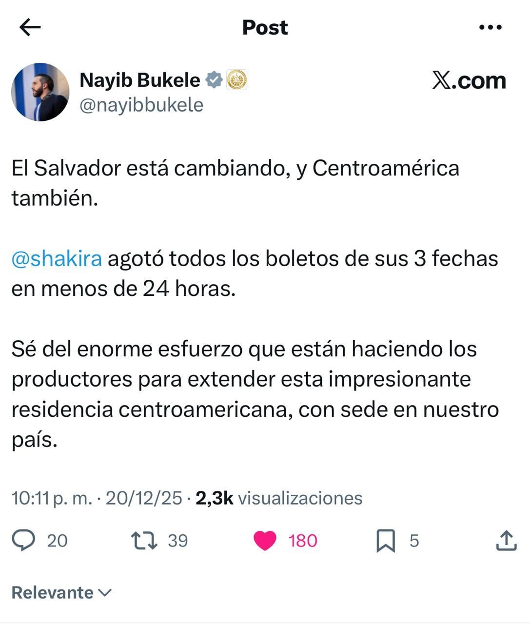 El presidente de El Salvador, Nayib Bukele, volvió a posicionar al país en la conversación regional e internacional tras resaltar públicamente el impacto del éxito de Shakira. - crédito @nayibbukele/X