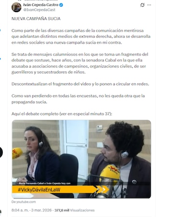 El candidato Iván Cepeda Castro denunció presunta campaña sucia en su contra - crédito @IvanCepedaCast/X