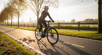 Persona con casco y ropa oscura monta una bicicleta eléctrica ligera gris en una ciclovía pavimentada, con árboles, césped y ciudad al fondo.