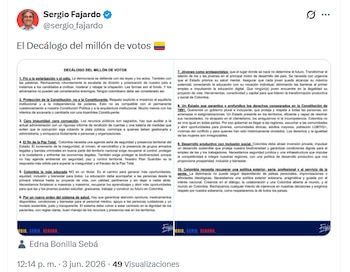 Sergio Fajardo presentó un decálogo de condiciones para evaluar su apoyo en la segunda vuelta presidencial entre Iván Cepeda y Abelardo de la Espriella - crédito @sergio_fajardo/X