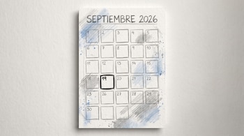Un calendario de septiembre de 2026 dibujado a lápiz muestra 30 días numerados en cuadrículas. El día 19 está resaltado con un contorno oscuro sobre papel rugoso.