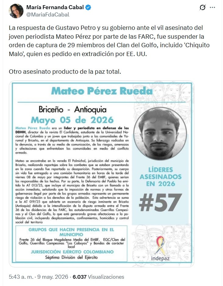 El mensaje que compartió María Fernanda Cabal la madrugada del sábado 9 de mayo, y en el que señaló de forma directa al presidente Petro - crédito @MariaFdaCabal/X