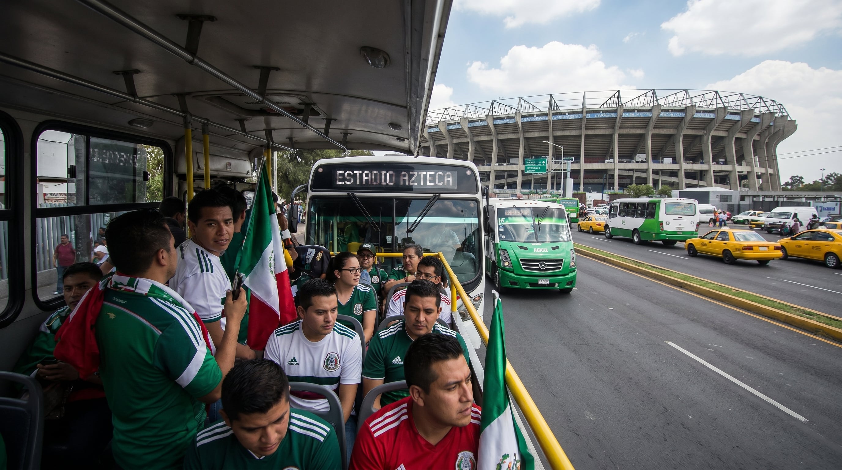 Aficionados del fútbol mexicano viajan en autobús público con banderas y camisetas verdes rumbo al Estadio Azteca en la Ciudad de México. (Imagen Ilustrativa Infobae)