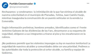 El Partido Conservador rechazó la intimidación contra el alcalde de Planadas y pidió reforzar su protección. - crédito @soyconservador/X