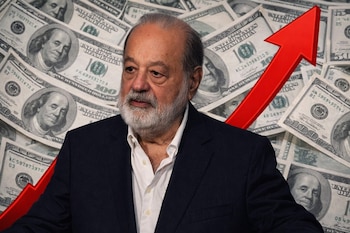 El empresario Carlos Slim de medio cuerpo, con un fondo de billetes de 100 dólares estadounidenses y una flecha roja que sube.