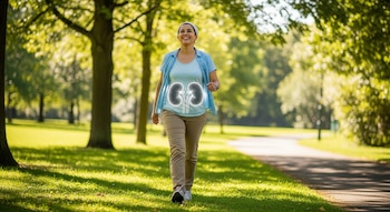 Mujer feliz caminando en un parque verde y soleado. Una silueta brillante de riñones se superpone en el área de su abdomen.
