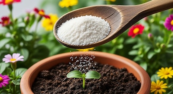 Una cuchara de madera vierte gránulos blancos sobre un brote verde de dos hojas en una maceta de terracota con tierra. Hay flores coloridas en el fondo.