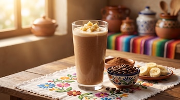Un vaso con batido y trozos de plátano sobre un mantel bordado, junto a granos de café y rodajas de plátano en una mesa de madera.