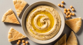 Un bowl de hummus beige, decorado con aceite de oliva y comino, rodeado de pan pita en triángulos y garbanzos enteros sobre un fondo neutro.