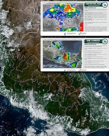 Dos mapas meteorológicos de México que muestran el pronóstico de lluvias y tormentas, con texto descriptivo y logos de CONAGUA SMN