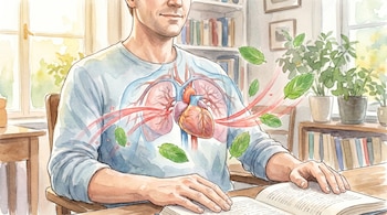 Ilustración en acuarela de un hombre de unos 40 años sentado en una mesa con un libro, con ilustraciones del corazón, pulmones y hojas verdes flotando.