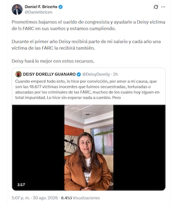 El congresista aseguró que la ayuda económica hace parte de su compromiso de reducir voluntariamente sus ingresos y respaldar a personas afectadas por el conflicto armado - crédito @Danielbricen/X