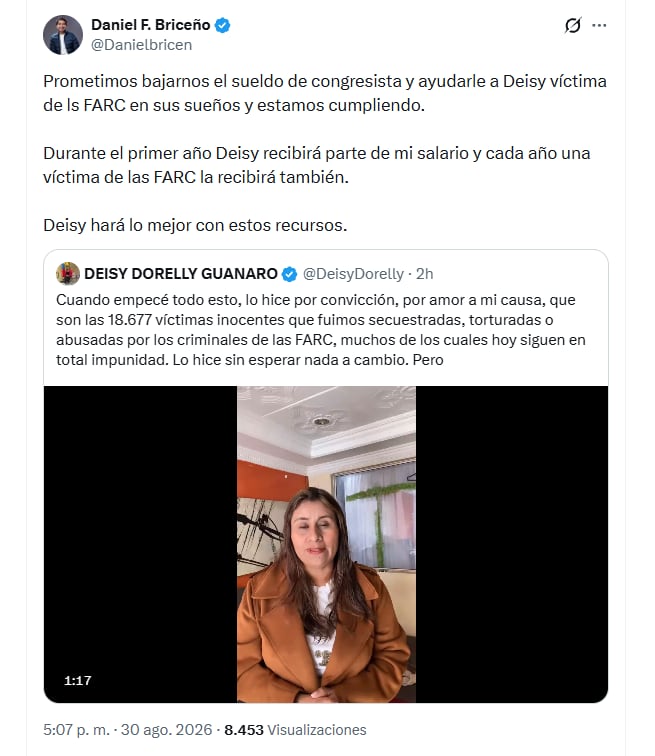 El congresista aseguró que la ayuda económica hace parte de su compromiso de reducir voluntariamente sus ingresos y respaldar a personas afectadas por el conflicto armado - crédito @Danielbricen/X